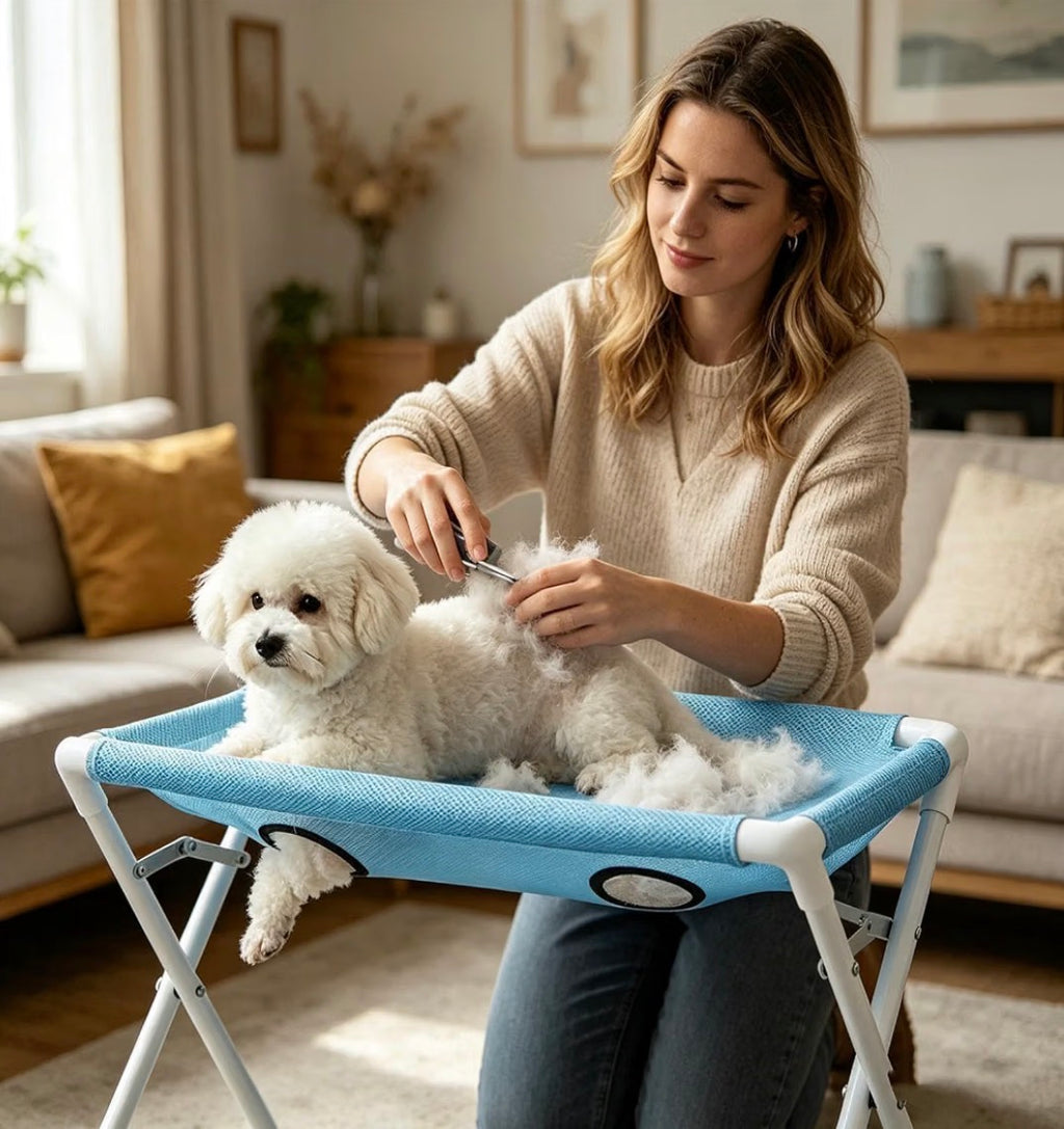 Pet grooming hammock used while grooming a small dog