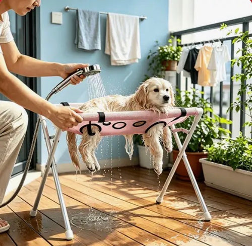 Pet using Pet Planet grooming hammock